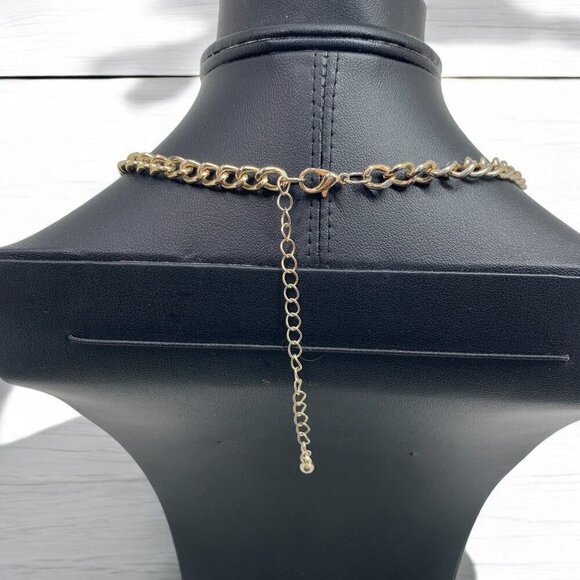Vintage Black Bezel Set Black Stone Bib Necklace Gold Tone Chunky Chain 18"L+3" - Picture 3 of 4